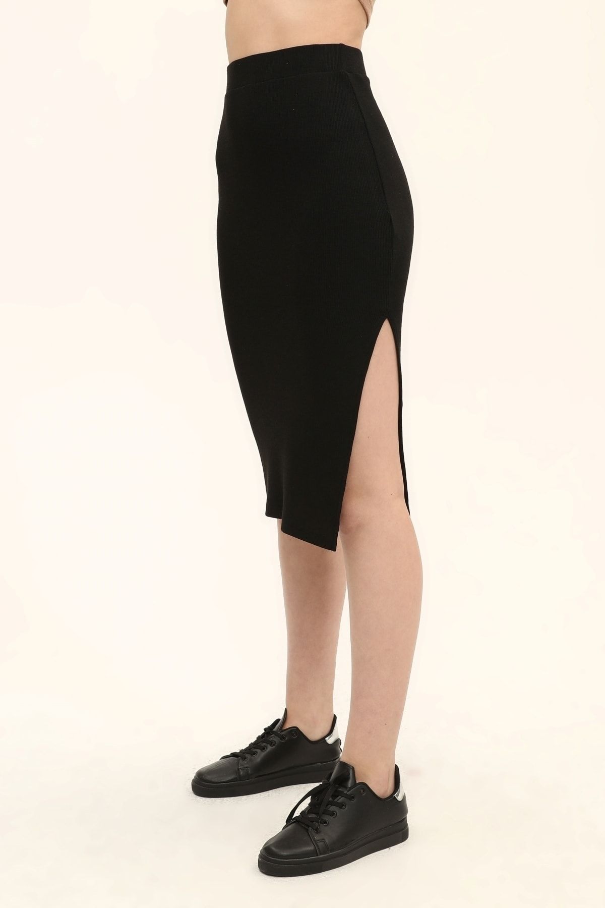 Kadın Beli Lastikli Yırtmaçlı Örme Etek