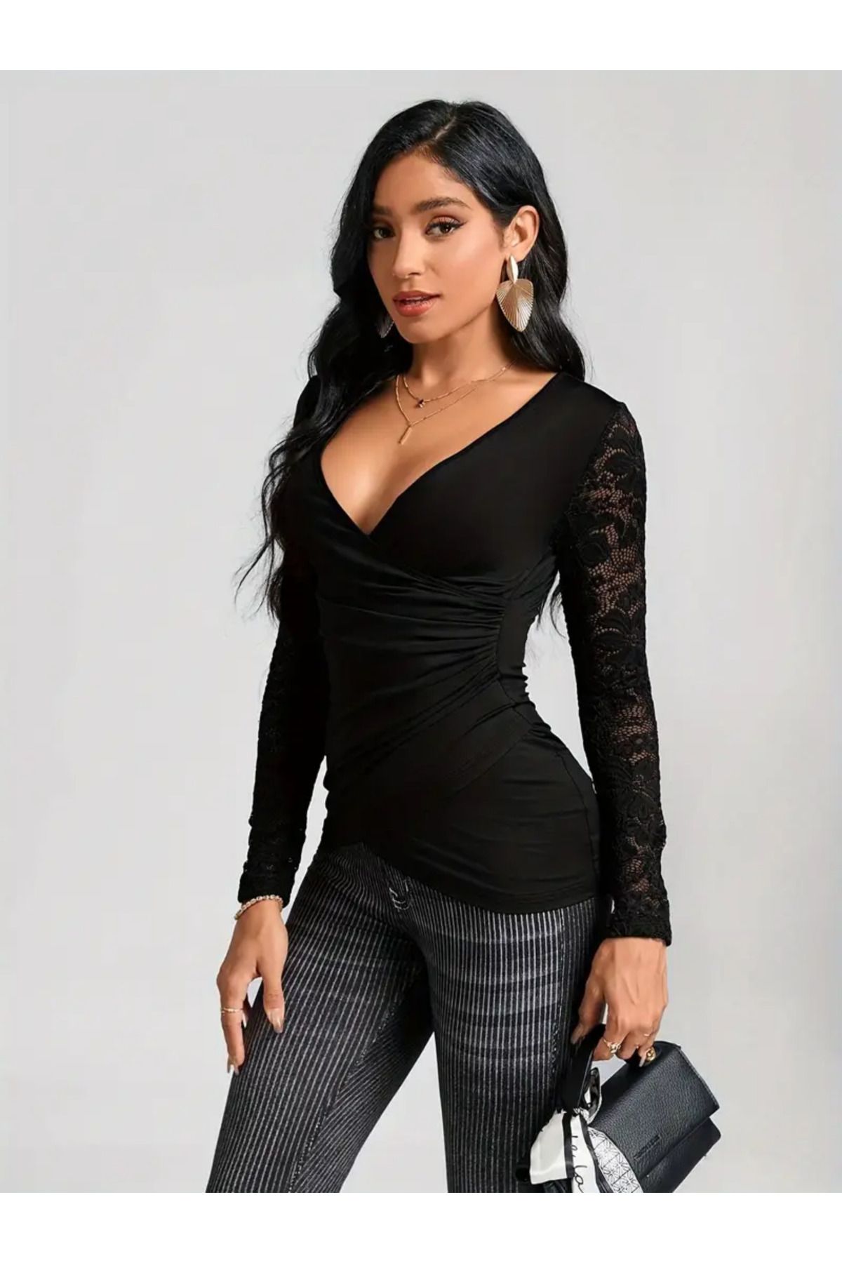 Kadın Kruvaze Yaka Yanlar Büzgülü Kollar Tül Bluz