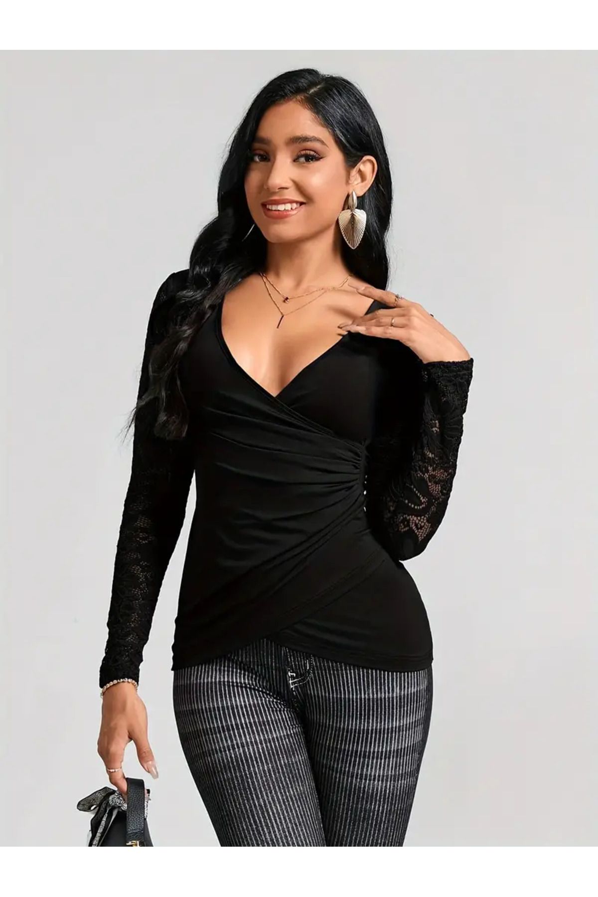 Kadın Kruvaze Yaka Yanlar Büzgülü Kollar Tül Bluz