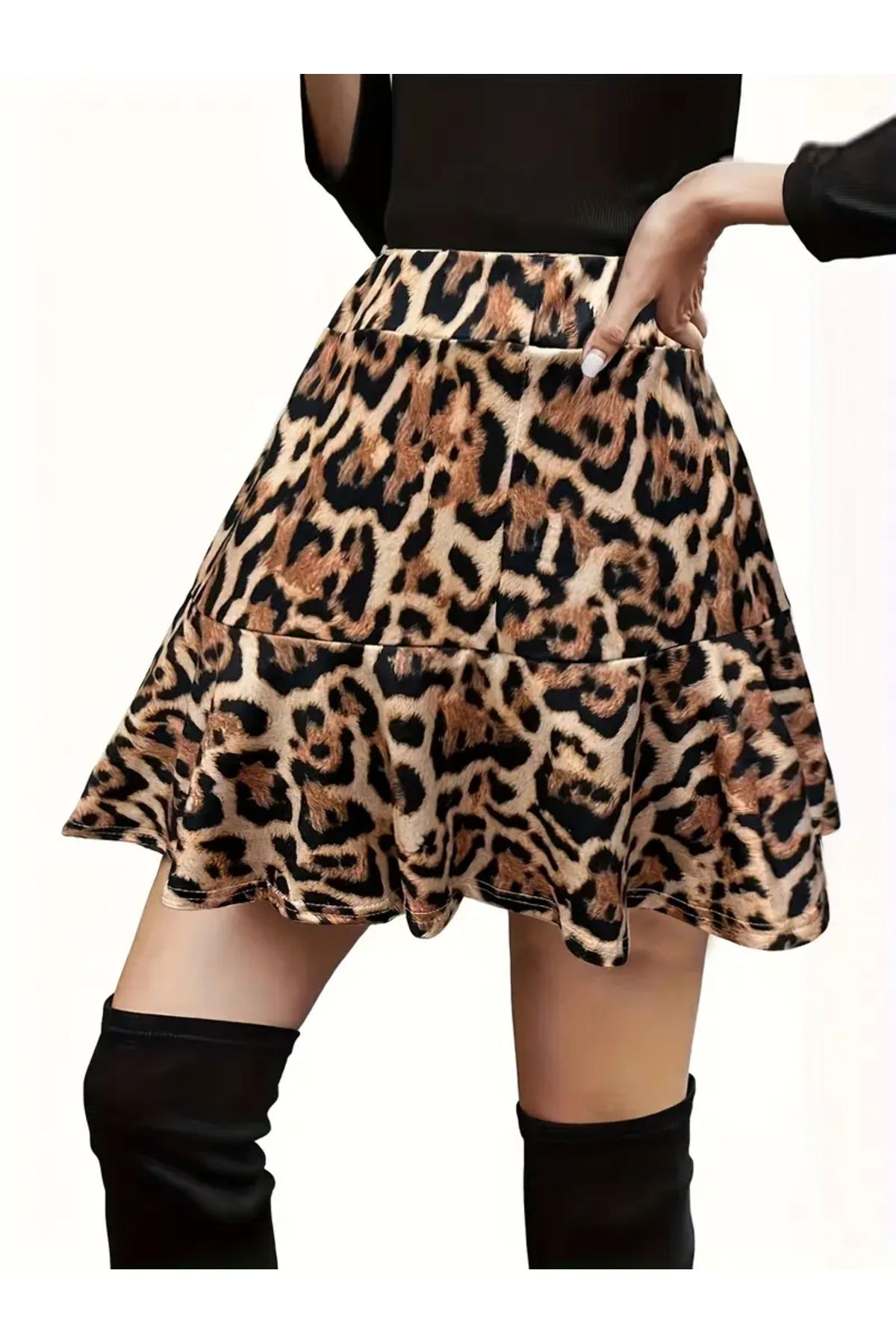 Kadın Leopar Desenli̇ İnce Mi̇kro Yazlik Volanli Etek