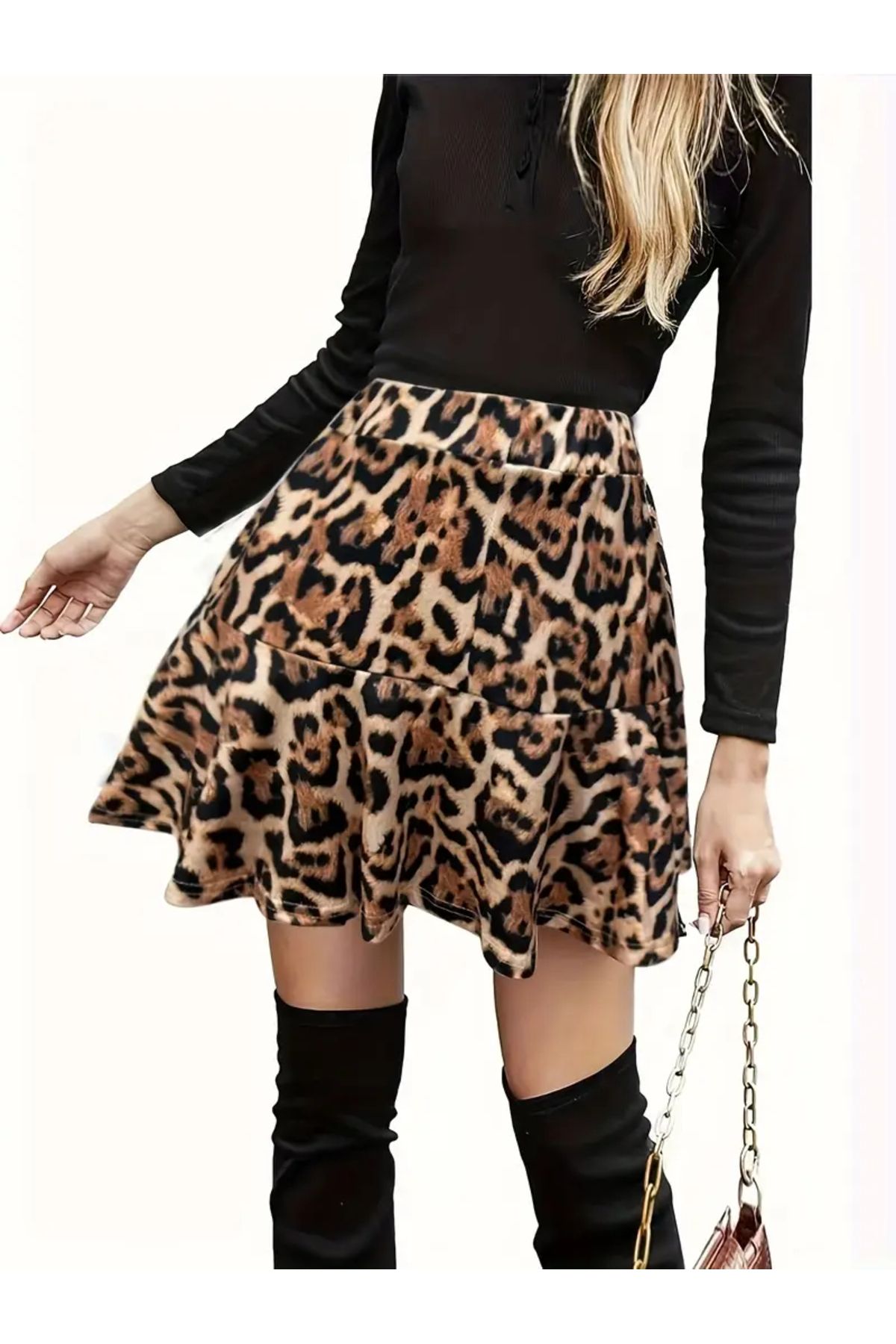 Kadın Leopar Desenli̇ İnce Mi̇kro Yazlik Volanli Etek
