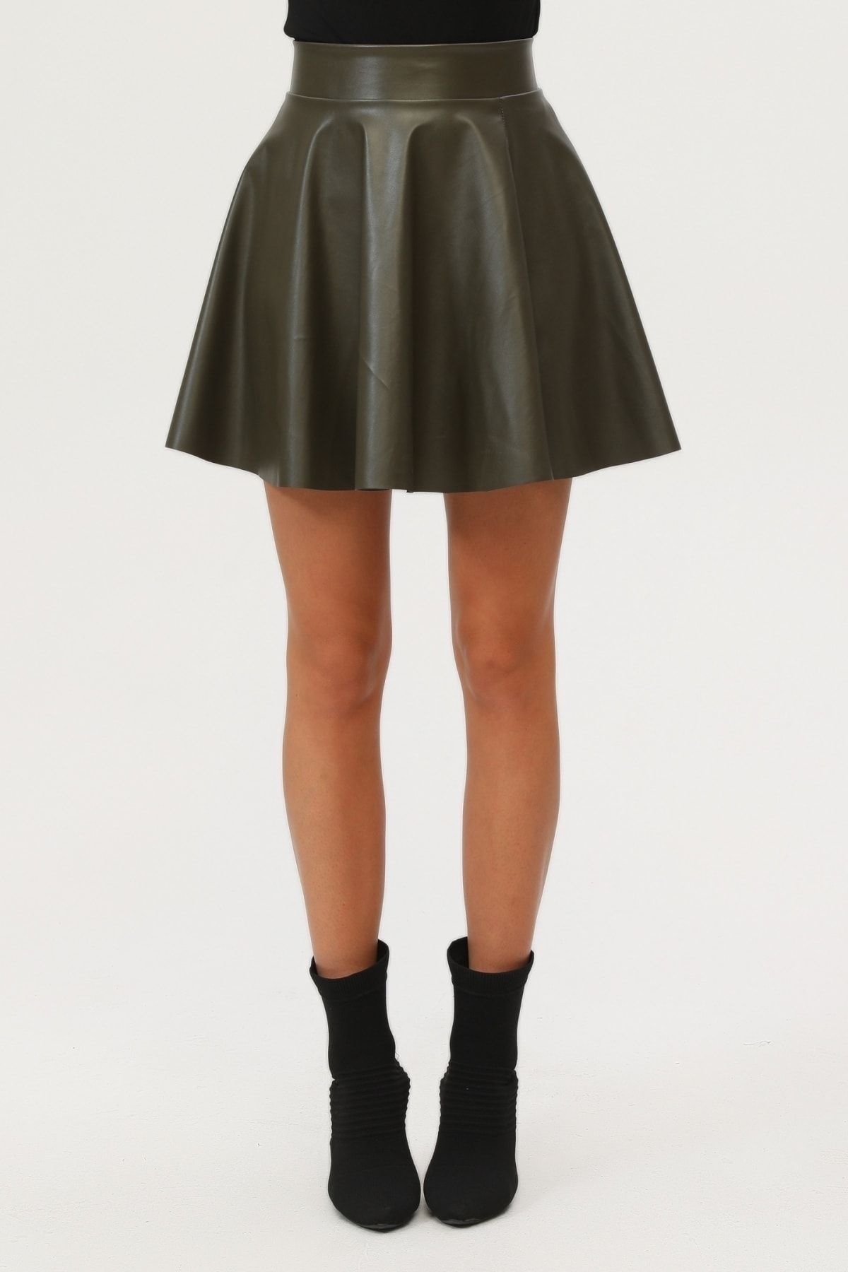 Kadın Mini Kloş Haki Renkli Suni Deri Etek