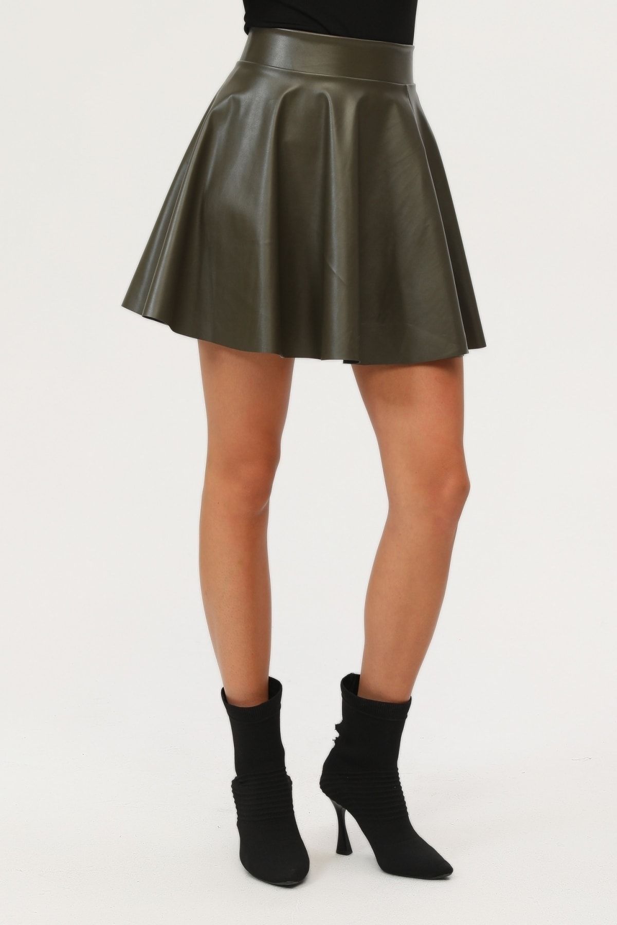 Kadın Mini Kloş Haki Renkli Suni Deri Etek