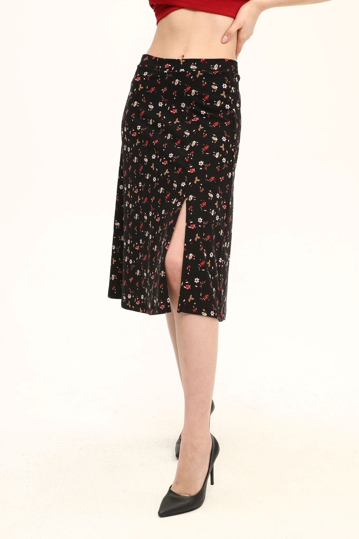 Kadın Önden Yırtmaçlı Multi Çiçek Desenli Örme Etek