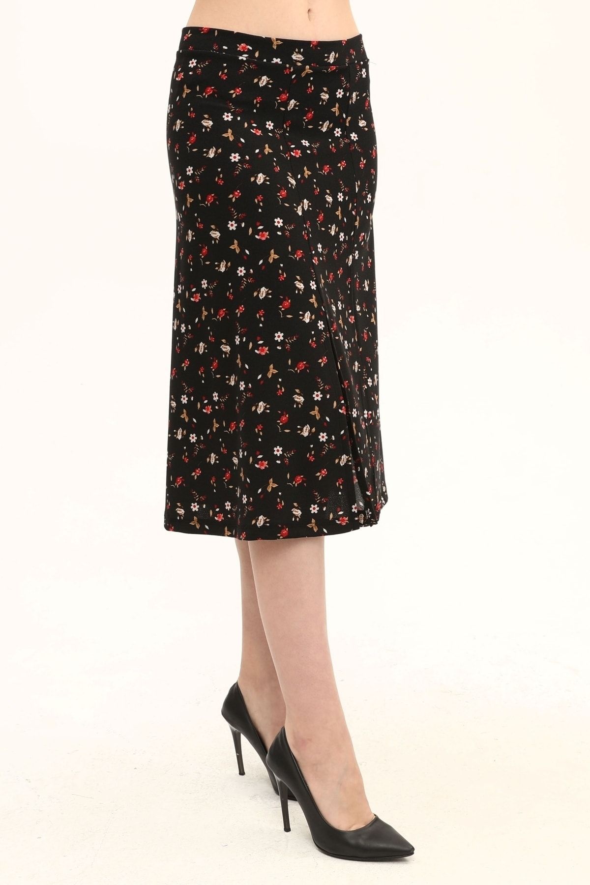 Kadın Önden Yırtmaçlı Multi Çiçek Desenli Örme Etek