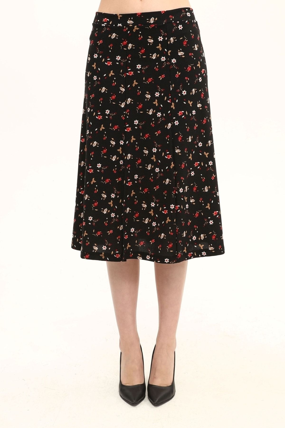 Kadın Önden Yırtmaçlı Multi Çiçek Desenli Örme Etek