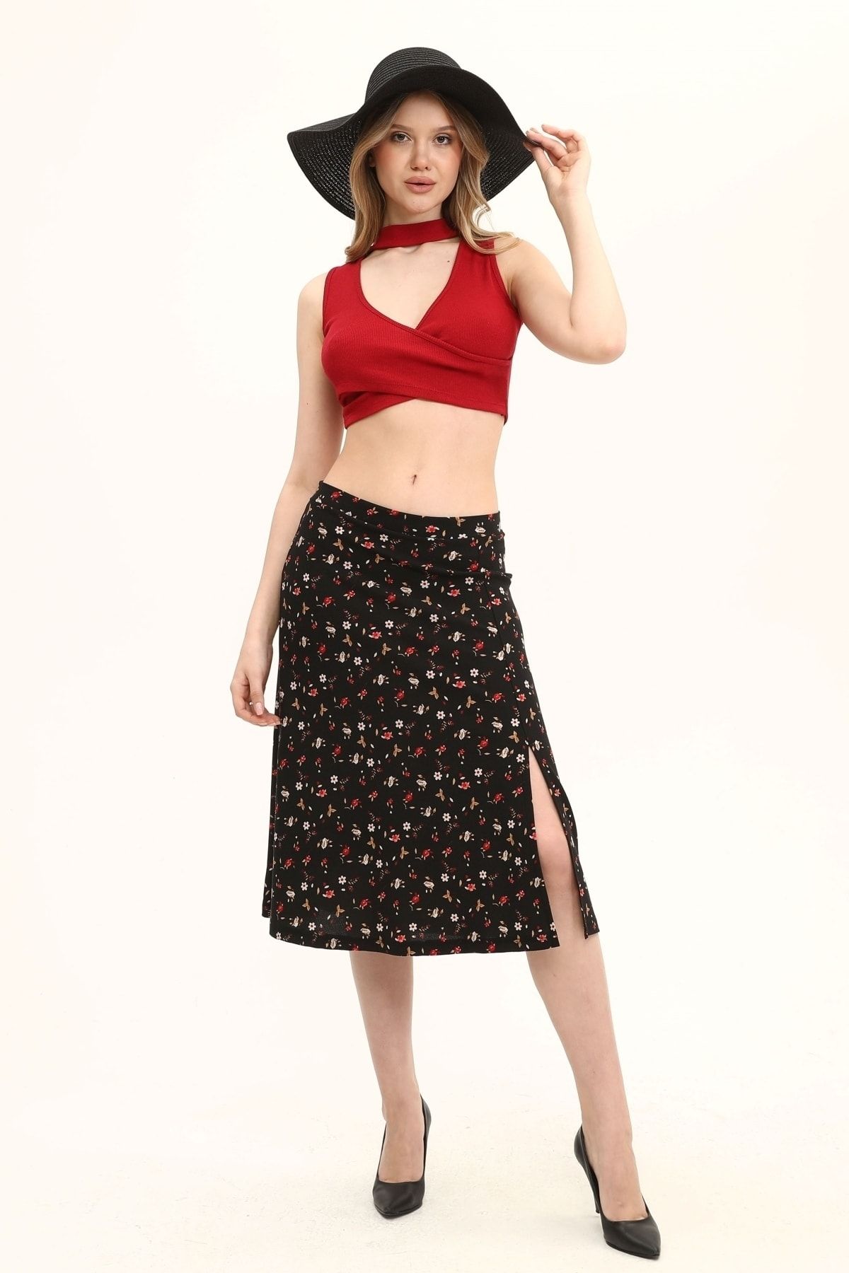 Kadın Önden Yırtmaçlı Multi Çiçek Desenli Örme Etek